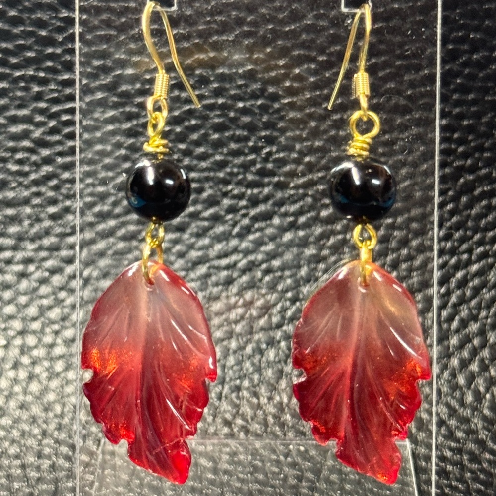 Handmade Czech glass red leaf earrings